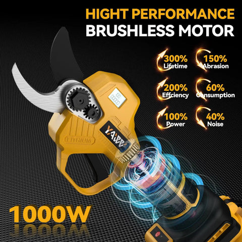 Brushless Cordless Electric Pruning Shears With LCD Display And SK5 Blades showing internal brushless motor, 1000W