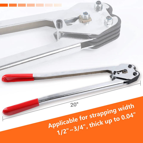 Heavy Duty Banding Tool With Strapping Sealer And Crimper, 20 Inch Extended Handle, Ergonomic Grip Built To Last, Hardened Steel, For 1/2 To 3/4 Inch PP PET Plastic Straps, Easy To Use And Labor Saving Packaging Solution, 20-inch handle and 1/2 to 3/4 inch strap size