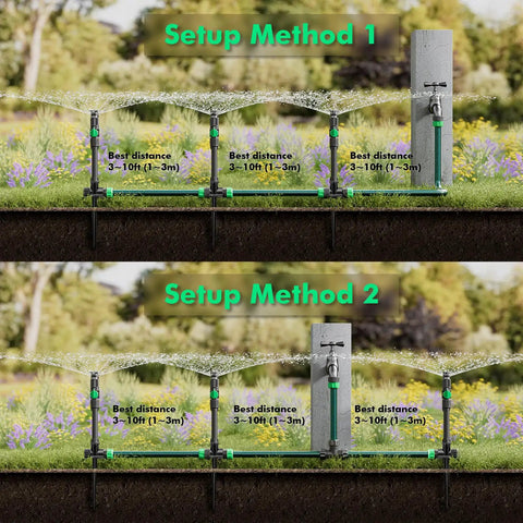 Flexible Sprinkler System With Metal Spike Base, Above Ground DIY Irrigation Kit, setup methods for lawns and gardens