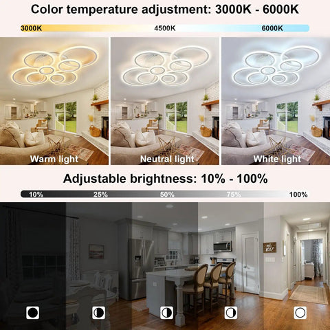 41 Inch Modern LED Ceiling Light With Remote Dimmable Eight Ring White Flush Mount Fixture For Living Room Bedroom Kitchen
