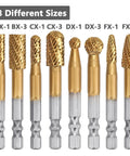 Front view of 8-piece tungsten carbide burr set with 1/4 inch hex shanks, 1/4 and 3/8 inch diameters
