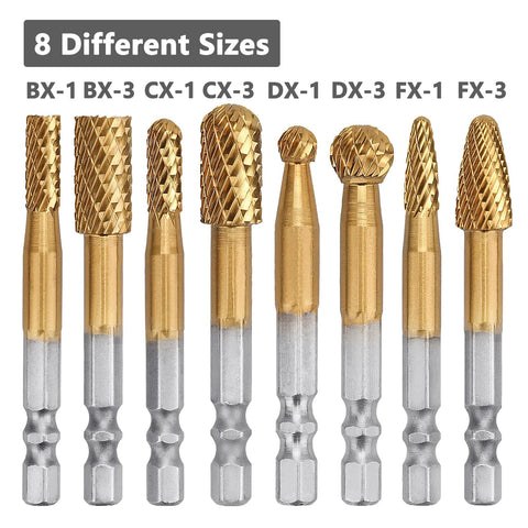 Front view of 8-piece tungsten carbide burr set with 1/4 inch hex shanks, 1/4 and 3/8 inch diameters