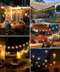 Two Pack 100 Foot Outdoor String Lights With Dimmable G40 LED Bulbs That Are Shatterproof And Weatherproof End To End Connectable displayed in various backyard and patio settings.