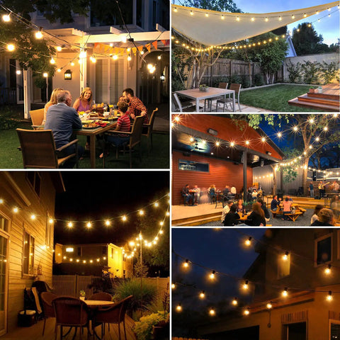 Two Pack 100 Foot Outdoor String Lights With Dimmable G40 LED Bulbs That Are Shatterproof And Weatherproof End To End Connectable displayed in various backyard and patio settings.