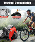Rock Solid 53cc 4 Stroke Gas Engine Motorized Bicycle Conversion Kit showing OHV design and low fuel consumption while cycling.
