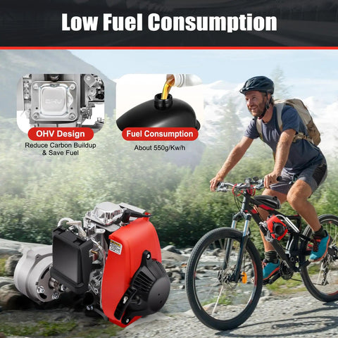 Rock Solid 53cc 4 Stroke Gas Engine Motorized Bicycle Conversion Kit showing OHV design and low fuel consumption while cycling.