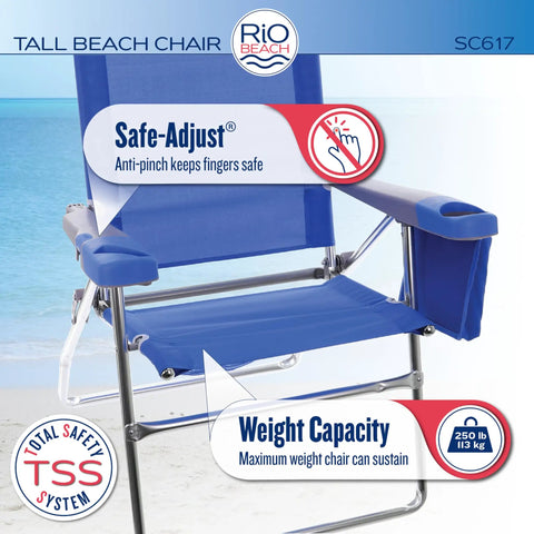 Close-up of Extra Tall 17 Inch High Folding Beach Chair With Four Position Recline For Beach Camping And Lawn, showing Safe-Adjust feature.