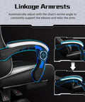 Linkage armrests on ergonomic gaming chair with massage lumbar support and footrest, pro grade comfort for marathon gaming sessions