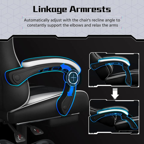 Linkage armrests on ergonomic gaming chair with massage lumbar support and footrest, pro grade comfort for marathon gaming sessions