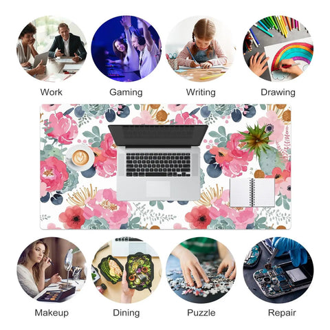 Large Pink Floral Desk Pad For Computer And Gaming Setup 31.5 Inch By 15.7 Inch Waterproof PU Leather Extended Mouse Mat With Keyboard Space