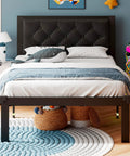 Super Sturdy Twin Size Metal Bed Frame With Faux Leather Platform And Button Tufted Headboard, featuring underbed storage.