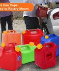 Various colored gas cans with yellow caps beside a car, featuring Six Pack 5 Gallon Gas Can Caps, Universal Coarse Thread Replacement Lids for Gasoline.