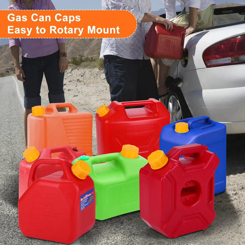 Various colored gas cans with yellow caps beside a car, featuring Six Pack 5 Gallon Gas Can Caps, Universal Coarse Thread Replacement Lids for Gasoline.