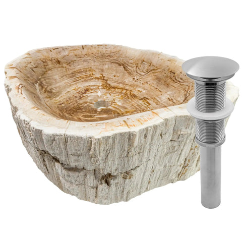 Next Level Petrified Fossil Wood Vessel Sink Featuring Irregular Natural Stone Silhouette And Polished Interior with drain.