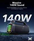 Boom 2 Plus Portable Speaker With 140W BassUp 2.0, featuring massive 140W sound, outdoor design, and RGB lights.