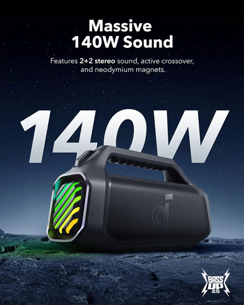 Boom 2 Plus Portable Speaker With 140W BassUp 2.0, featuring massive 140W sound, outdoor design, and RGB lights.
