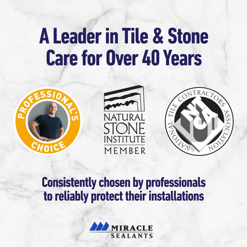 Professional recognition for tile and stone care, featuring logos of Natural Stone Institute and National Tile Contractors Association.