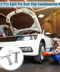 Two mechanics with open car hood, inset of 132 Piece Clevis Pin And Cotter Pin Assortment Kit In 304 Stainless Steel, 15 Sizes.