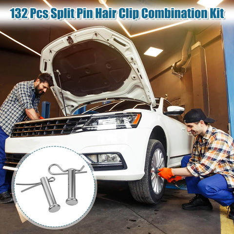 Two mechanics with open car hood, inset of 132 Piece Clevis Pin And Cotter Pin Assortment Kit In 304 Stainless Steel, 15 Sizes.