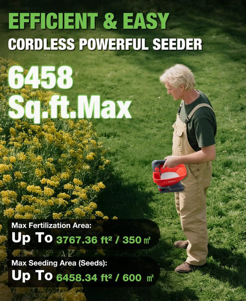 Person using Battery Powered Fertilizer Spreader For Salt Deicer And Lawn Care, Rechargeable Seed Spreader 7.2V, in garden.