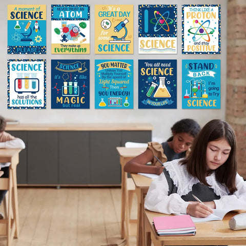 Science Classroom Decoration Banner And Poster Set For Teachers displayed on wall in classroom with students, bright and colorful.