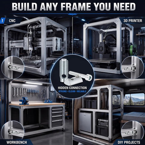 Heavy Duty T Slot Connectors For Aluminum Extrusion 40 mm Framing Hardware set in various frames for CNC, 3D printer, workbench, and DIY projects.