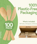 Your Go To 100 Percent Bamboo Utensils Set With 50 Forks, 25 Spoons, 25 Knives, Compostable, Biodegradable, FSC Certified, Plastic Free