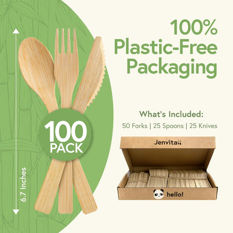 Your Go To 100 Percent Bamboo Utensils Set With 50 Forks, 25 Spoons, 25 Knives, Compostable, Biodegradable, FSC Certified, Plastic Free