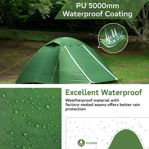 Ultralight 2 Person Backpacking Tent For Family Adventures Waterproof Three Season Camp Shelter with PU coating