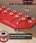 Handy Dual Function Shelf Pin And Hinge Jig 2 In 1 With 11 Hole Template One Quarter Inch And Five Millimeter Shelf Pin Drilling Guide Self Contained Clamp Cabinet Hardware Drill Guide For Quick Accurate Cabinet Installations showing red jig on wooden surface with steel bushings.