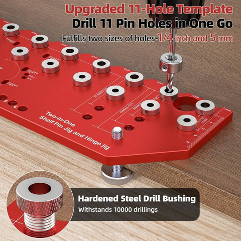 Handy Dual Function Shelf Pin And Hinge Jig 2 In 1 With 11 Hole Template One Quarter Inch And Five Millimeter Shelf Pin Drilling Guide Self Contained Clamp Cabinet Hardware Drill Guide For Quick Accurate Cabinet Installations showing red jig on wooden surface with steel bushings.