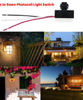 DC 8 To 50V Photoelectric Switch For Auto On Off Dusk To Dawn Light Sensor with three-wire setup and outdoor lighting examples