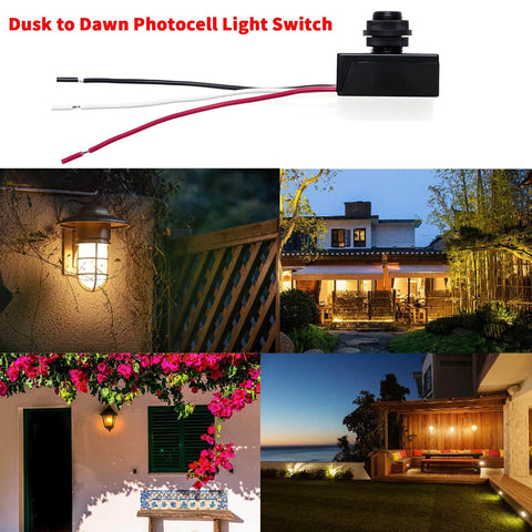 DC 8 To 50V Photoelectric Switch For Auto On Off Dusk To Dawn Light Sensor with three-wire setup and outdoor lighting examples