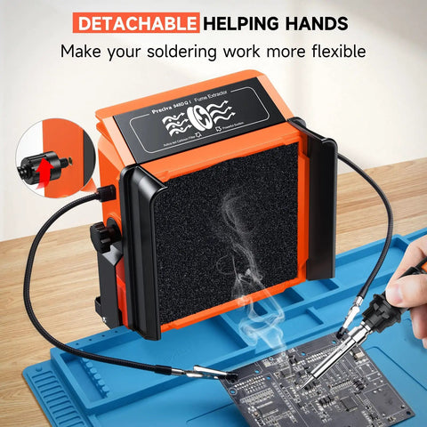 Solder Smoke Absorber Kit With Tiltable Fume Extractor and Flexible Helping Hands in use with circuit board soldering