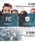 Customer support team with headsets, FCC certified logo, 3-year warranty badge, and manufacturing experience text.