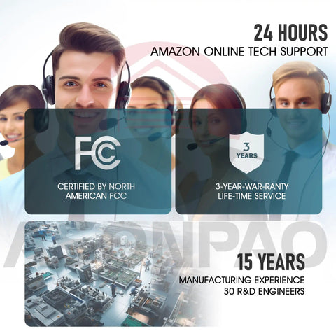 Customer support team with headsets, FCC certified logo, 3-year warranty badge, and manufacturing experience text.