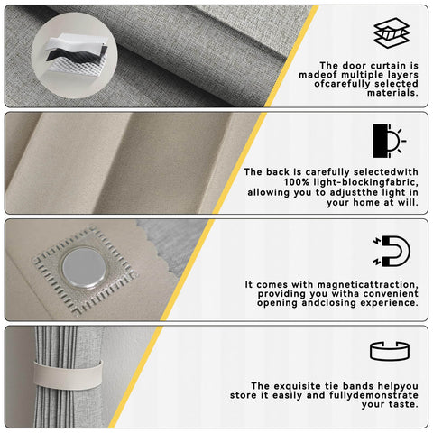 Accordion Door Curtain With Adhesive Track 100 Percent Blackout For Bedroom Closet Or Room Divider Gray 43 Inch Wide By 78 Inch Long Faux Linen Look showing layers, magnetic closure, and tie bands.