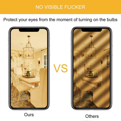 Comparison of dimmable candelabra LED bulb 2700K warm white E12 base in ceiling fan light showing no flicker vs flicker issue
