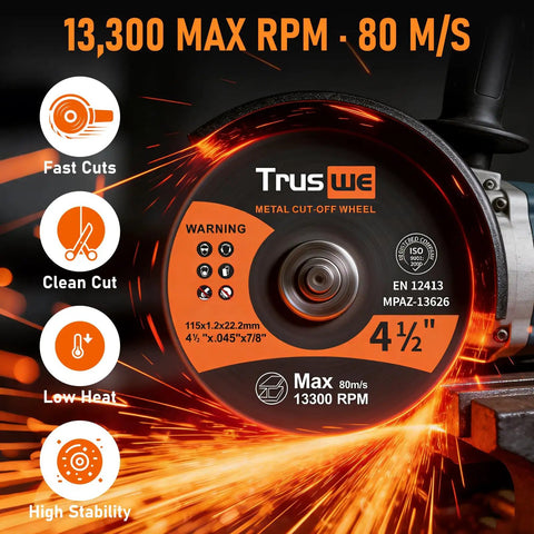 Ultra Thin 4 1/2 Inch Cut Off Wheel Pack For Metal And Stainless Steel Grinding On Angle Grinders 0.045 Inch Thick 13,300 RPM Seven Eighths Inch Arbor 50 Pack For Fast Burr Free Precise Cutting And Minimal Material Loss displayed on angle grinder with sparks
