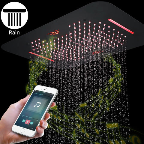 Top Tier Thermostatic Shower System With Built In Led Music Speaker And Digital Display Slick Rain Mixer Combo Set featuring rain showerhead with LED lights.
