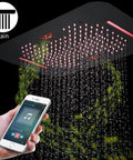 Upgrade Your Daily Routine With This Sweet Thermostatic Rain Shower Set Featuring Built In Speaker And Cool Led Display Anti Scale Silicone Nozzles Plus Super Easy Wipe Clean Bath Setup, showing rain shower head with LED lights and smartphone control.