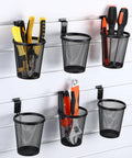 Six Piece Slatwall Cup Set With Hooks For Garage, Workshop, And Office Storage Metal Mesh Tool Holders Installed With Tools