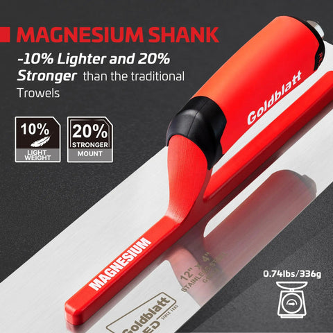 Red Stainless Steel Finishing Trowel 12x4 Top Notch Pro Grade Drywall Masonry Trowel With Soft Grip Handle and Magnesium Shank