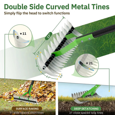 Dual Action Dethatcher Rake With 21 Long Tines On One Side And 55 Inch Adjustable Handle For Easy Thatch Removal