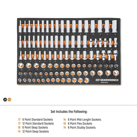 104 Piece Three Eighths Inch Drive Master Metric Socket Set with Foam Storage Tray, showcasing standard and deep sockets.