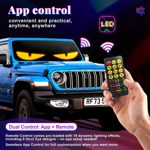 Ultra Bright 5800 Lux Devil Eyes LED Car Light Strips for Cars Trucks SUVs displayed on a blue SUV with remote control
