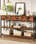 Heavy Duty 47 Inch Console Table With Upgraded Fabric Drawers And Spacious Three Tier Open Shelving Goes Smooth Behind Your Couch For Quick Living Room Update Rustic Brown Design with decorative items and books.