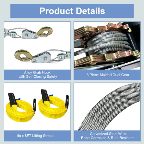 Heavy Duty Come Along Winch 2 Ton With Dual Gear System, 11 Ft Steel Cable, Two 1x8 Ft Lifting Slings, 2 Hooks, Product Details