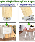 16 Inch Solid Rubber Wood Table Legs With M8 Hanger Bolts shown with flat and angled mounting plates, and applied to tables.