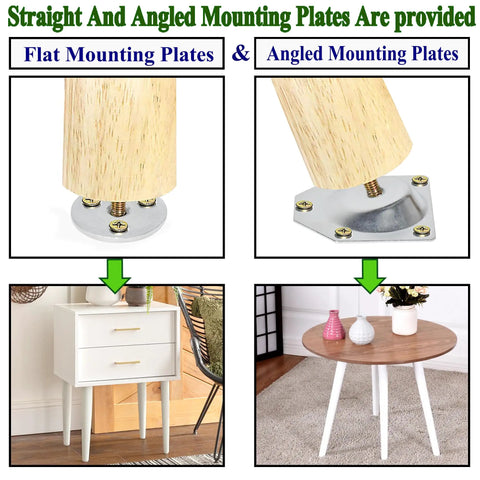 16 Inch Solid Rubber Wood Table Legs With M8 Hanger Bolts shown with flat and angled mounting plates, and applied to tables.